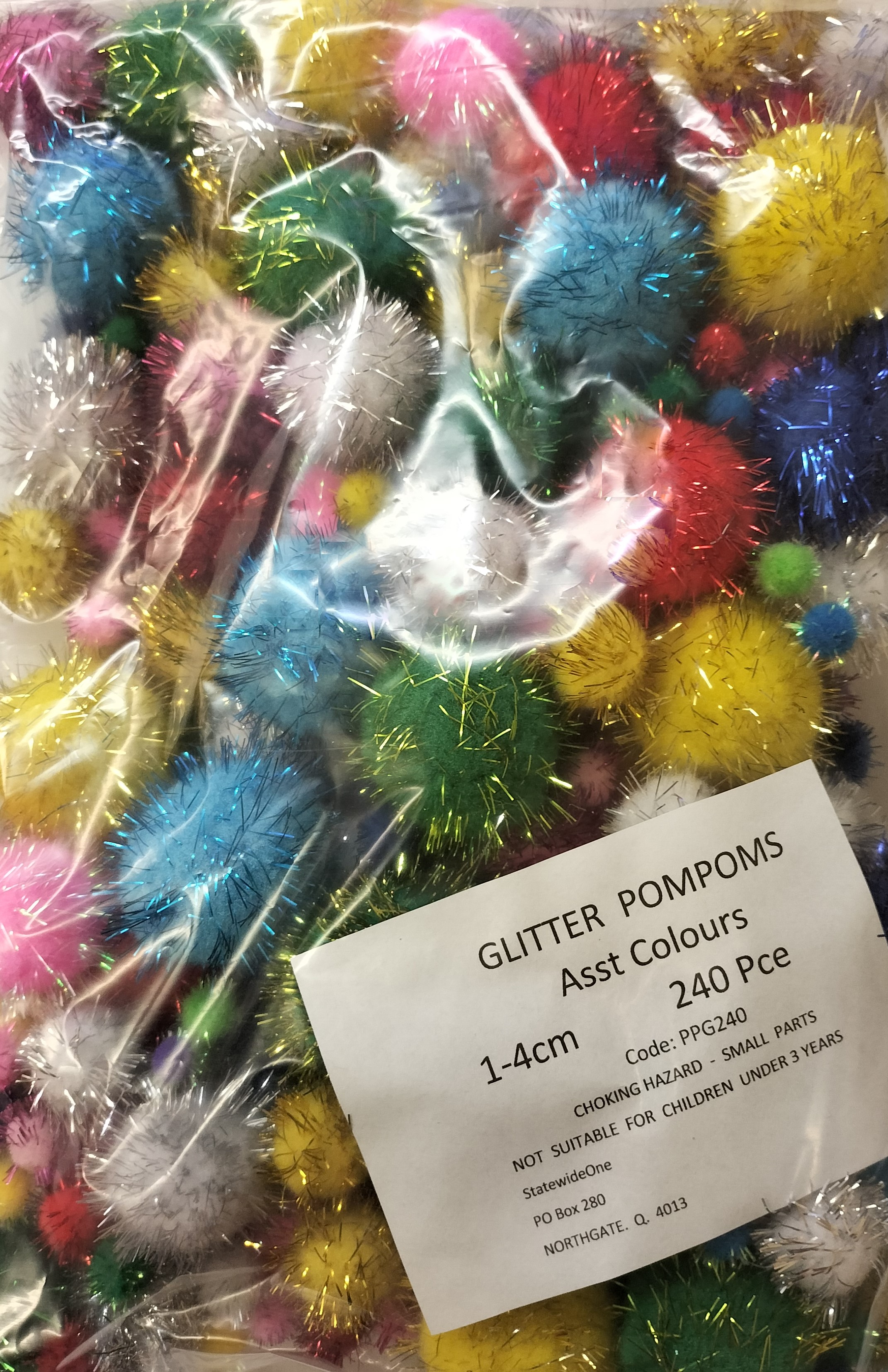 Glitter PomPoms 10-40mm Asst Colours Pk 240